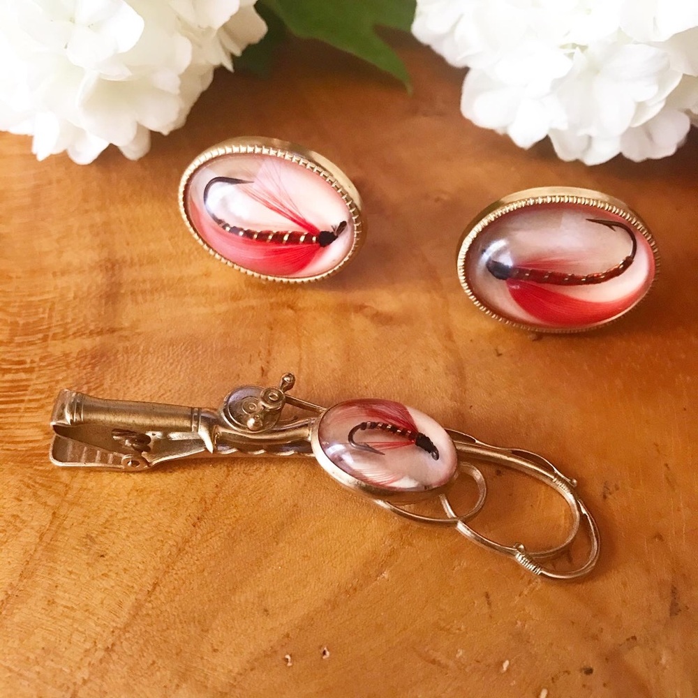 1950’s Anson Fly Fishing Tie Bar Cuff Links Set Gem